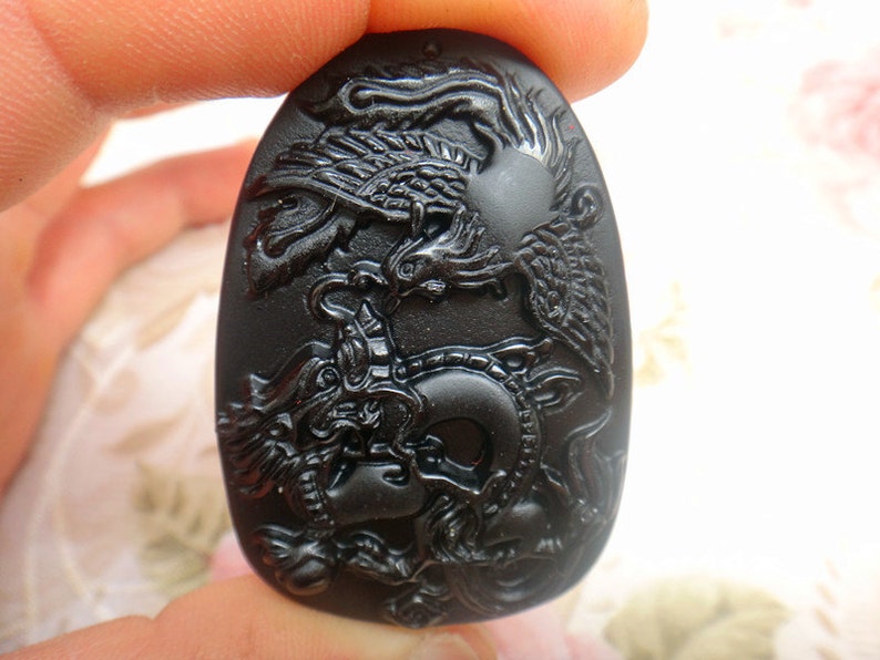 Natural Obsidian Dragon  Phoenix pendant mascot