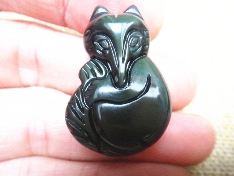 natural ice obsidian carved fox good luck pendant