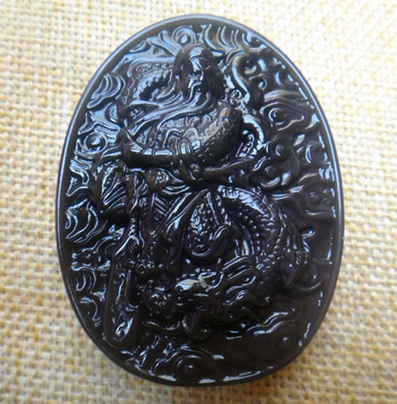 free Necklace Natural Gold Obsidian Carved Chinese Sword GuanGong Lucky Pendant