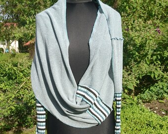 Mint green silver metallic shawl with sleeves scarf wrap from upcycled sweaters refashion handmade one of the kind with stripes gift for her