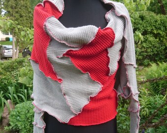 Wool-free soft light gray red scarf with sleeves shawl sweater wrap handmade recycled repurposed vintage acrylic red seams one of the kind