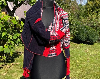 Christmas Colors Navy Blue Red White ornament unique scarf with sleeves shawl sweater wrap handmade refashion vintage wool cotton acrylic