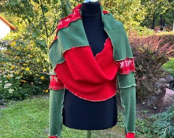 Butterfly lovers Green and red with gold butterflies one of the kind gift scarf with sleeves shawl sweater wrap handmade repurposed vintage