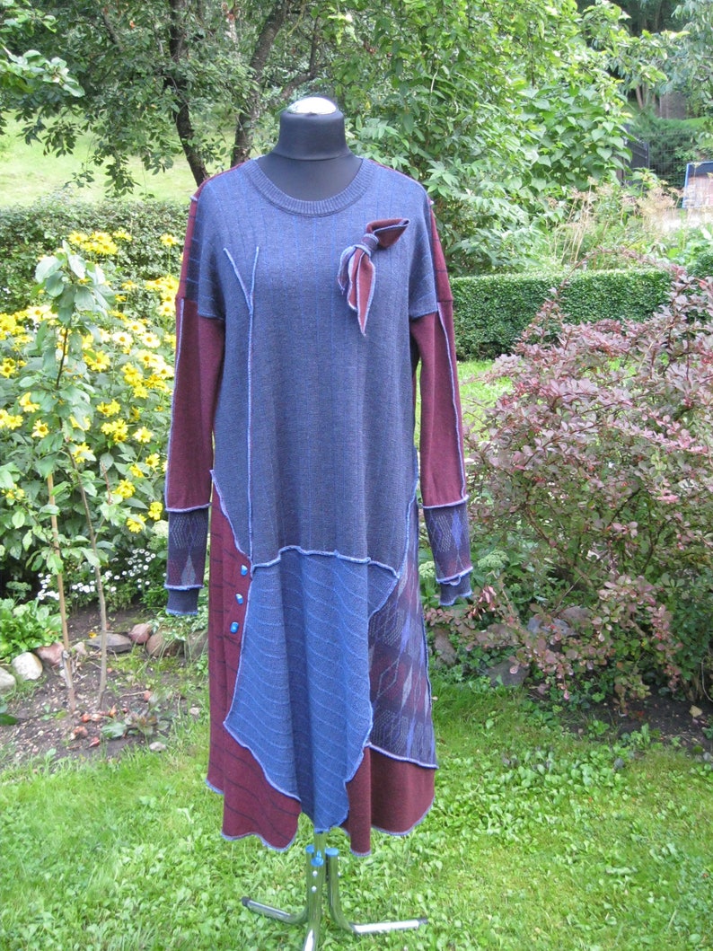 Refashion dress blue bordeaux ornaments pure merino wool /& wool blend buttoned pocket long sleeveshandwarmers one of the kind XXL-XXXL
