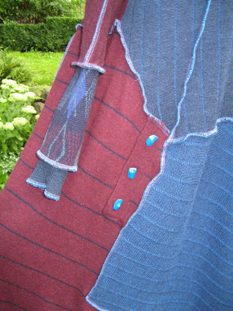 Refashion dress blue bordeaux ornaments pure merino wool /& wool blend buttoned pocket long sleeveshandwarmers one of the kind XXL-XXXL
