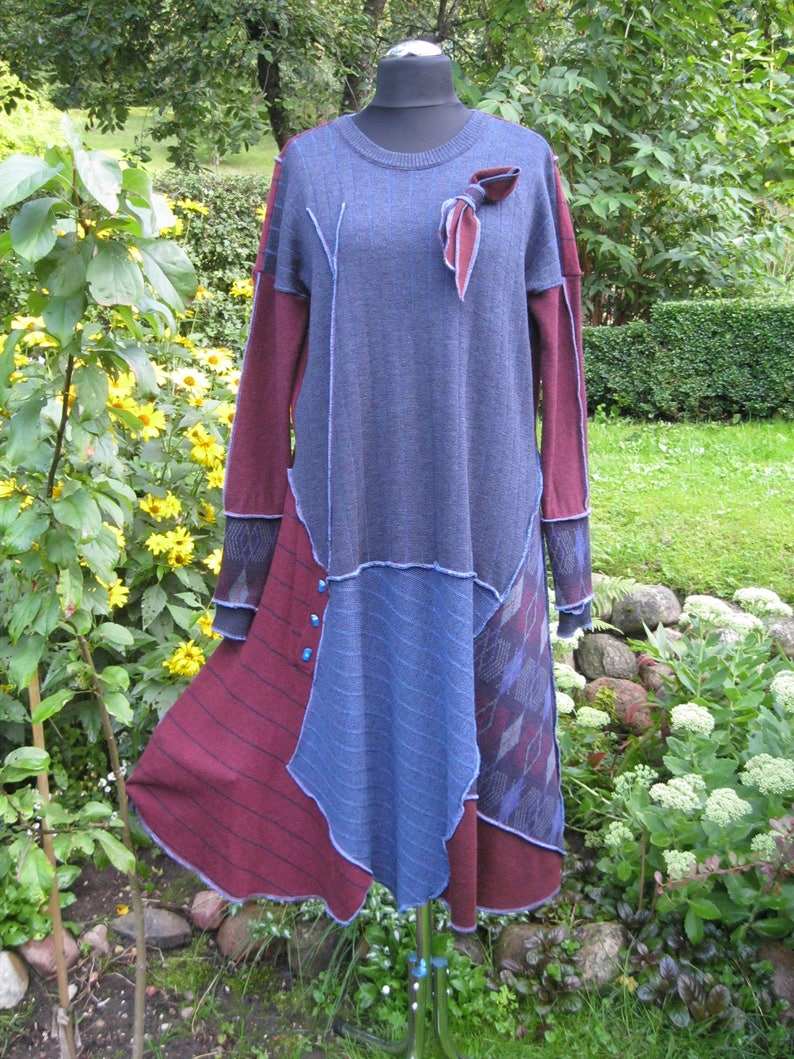 Refashion dress blue bordeaux ornaments pure merino wool /& wool blend buttoned pocket long sleeveshandwarmers one of the kind XXL-XXXL