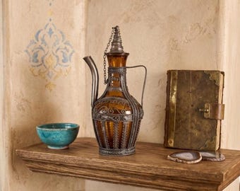Vintage Moroccan Amber Glass Ewer & Silver Filigree Overlay - Mid Century Middle Eastern Aftaba Pitcher - Boho Decor Genie Bottle Decanter