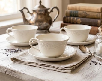 3 Vintage Ralph Lauren Claire Wedgwood Teacups & Saucers, Made in England Bone China