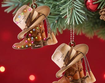 Personalized Cowboy Boots And Hat Car Ornament with Name Rearview Mirror Decoration Gift