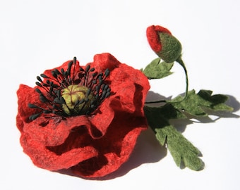 Felted Poppy Brooch: Handmade Merino Wool Flower Pin