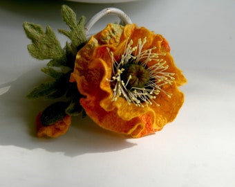 Bright yellow poppy brooch Wool boho style flower Positive vibes gift Felted jewelry Handmade poppy pin