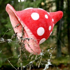 May include: A red felt mushroom with white polka dots, perched on a branch in a forest setting.