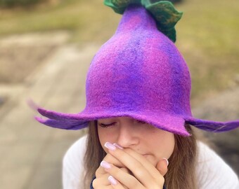 Whimsical Flower Fairy Hat - Handmade Wool Hat With Brim and  display picture 2