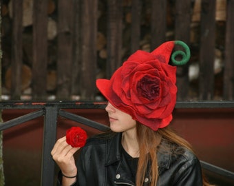 Red wool felt art women fantasy hat-rose
