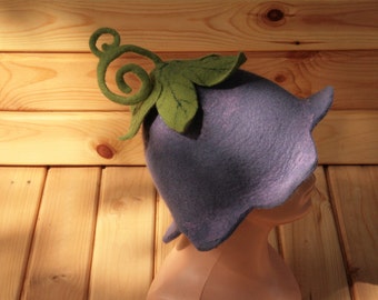 Handmade felted hat for sauna Bath hat Party purple hat Wearable art felt wool cap Gift for her Comfortable winter designer flower elf hat