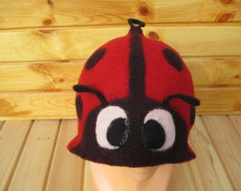Handmade Felted Wool Ladybug Hat: Funny Sauna Cap