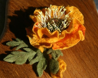 Handmade Felted Wool Poppy Brooch: Boho Floral Pin