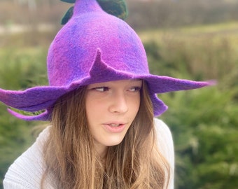 Whimsical Flower Fairy Hat - Handmade Wool Hat with Brim and Stem