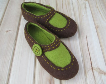 Unique handmade brown wool slippers - shoes with sole