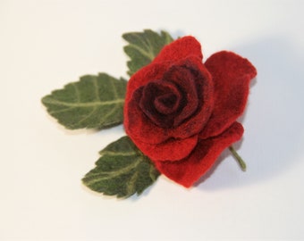 Red wool felted rose brooch