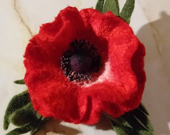 Red wool anemone brooch Felted merino wool pin for gift