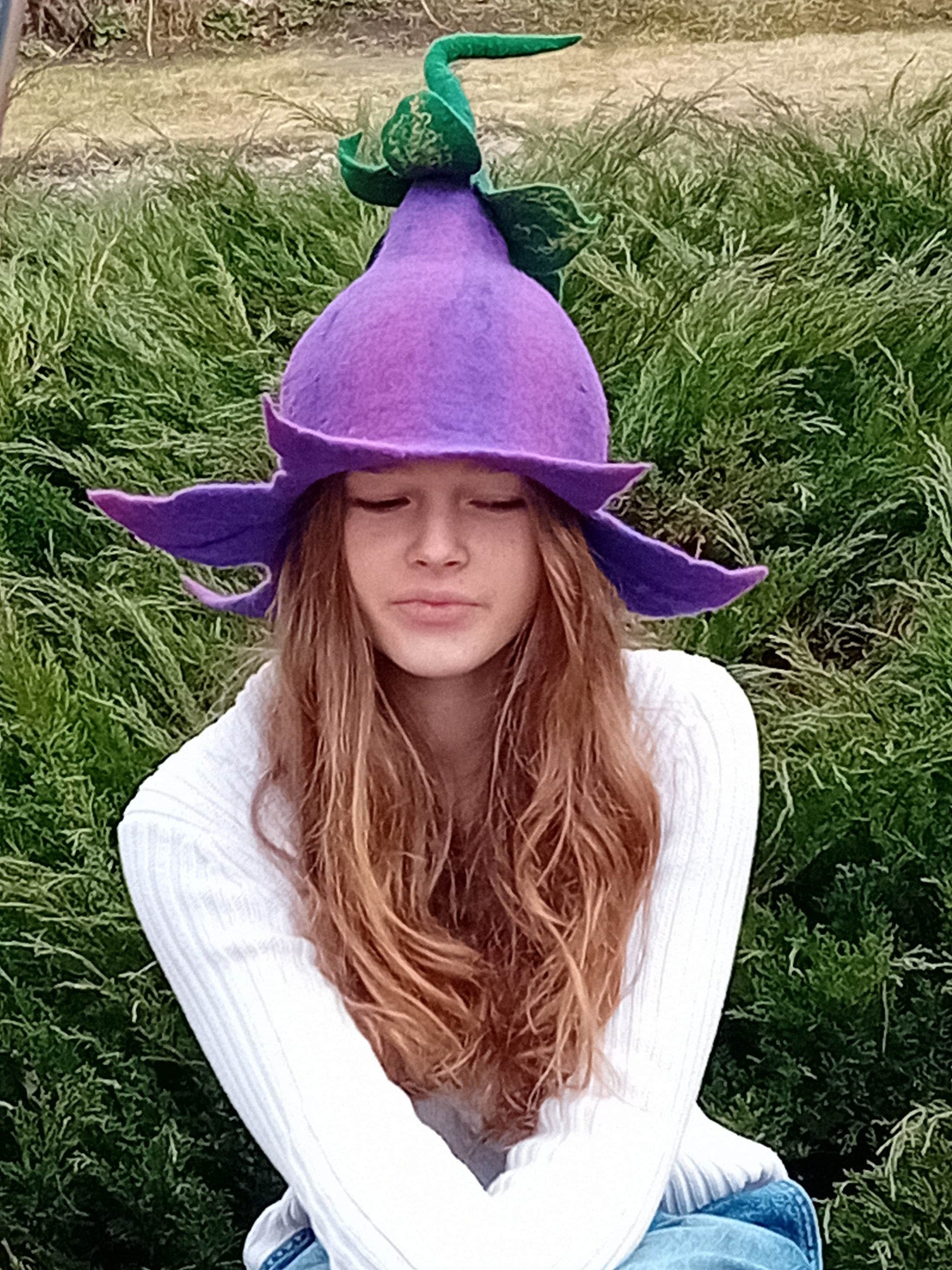 Whimsical hand felted fairy hat originally bought from Poland for $138.20 Blue Wool Felted Flower Hat: Handmade Fairy Pixie Costume - Etsy main image 3