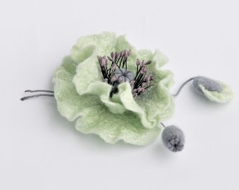 Mint Green Felt Flower Brooch: Handmade Wool Poppy Pin