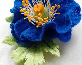 Blue felt poppy brooch , flower pin