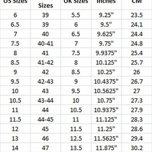 May include: A chart showing men's shoe size conversions in US, Euro, UK, inches, and centimeters. The chart shows sizes from 6 to 16 in US sizes.