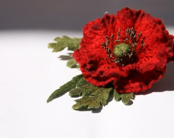 Red Felted Wool Poppy Brooch: Rustic Flower Pin