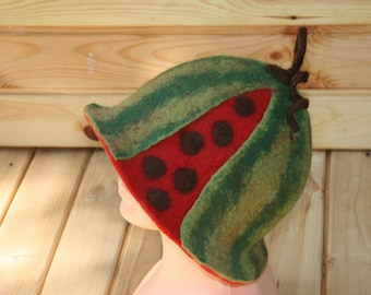 Felted watermelon hat with stalk  Woolen  warm winter hat