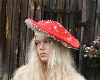 Red Mushroom Beret: Handmade Merino Wool Felt Elf Hat