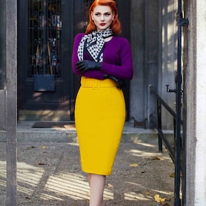 Pencil SKIRT, YELLOW, winter style, WOOL fabric, belt included !