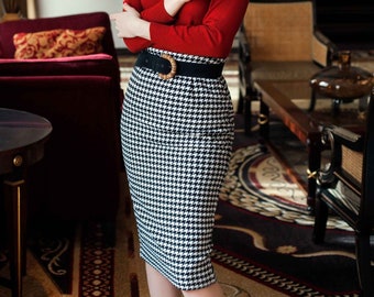 WINTER PENCIL SKIRT, hounds tooth print