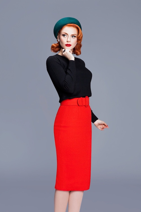 Pencil SKIRT, RED, Winter Style, WOOL Fabric, Belt Included 