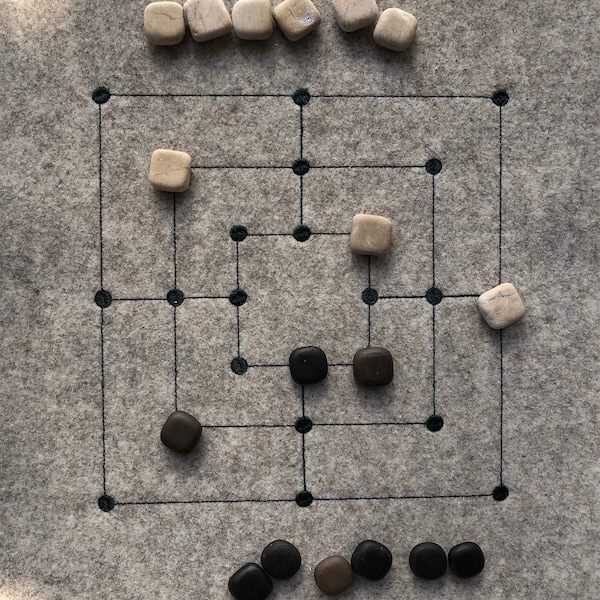 Board Game Nine Men-s Morris, Mill, Mills, Ancient Board Game, Embroidered on Natural Wool Felt with Stone Game Tiles