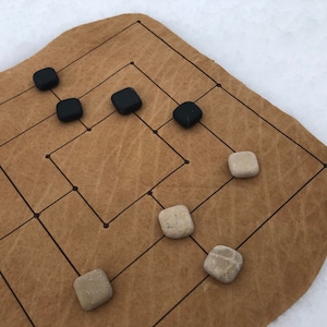 Board Game Five Men s Morris, Ancient Viking Game on Natural Leather with Natural Stone Tiles