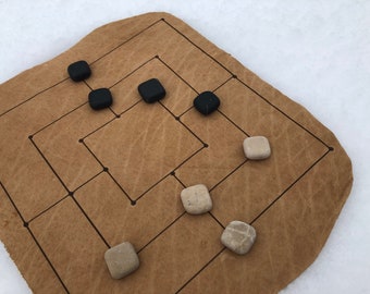 Board Game Five Men s Morris, Ancient Viking Game on Natural Leather with Natural Stone Tiles
