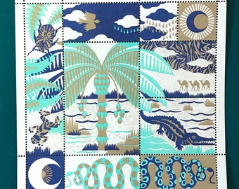 OASIS palmtree crocodile illustration stamps blue and gold positive vibes