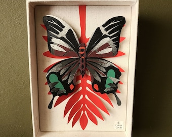 Butterfly paper art original piece green black and red