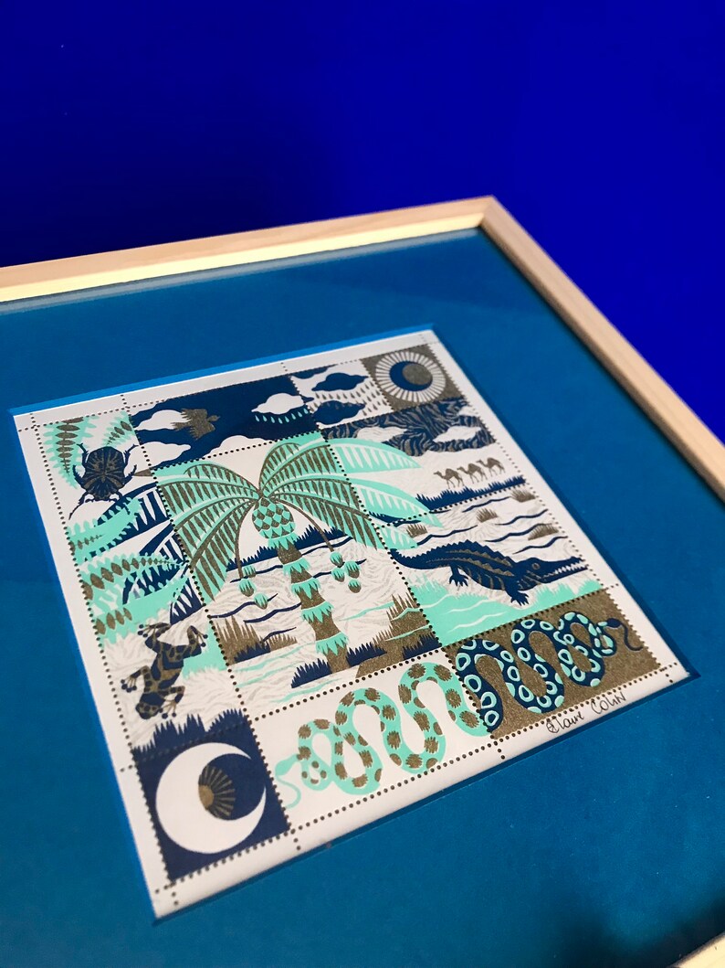 OASIS palmtree crocodile illustration stamps blue and gold positive vibes image 4