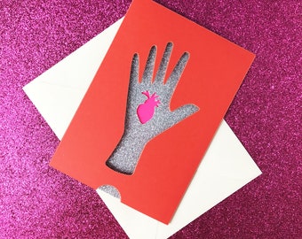 VALENTINE'S CARD Love message Silver hand Pink Heart Made in France