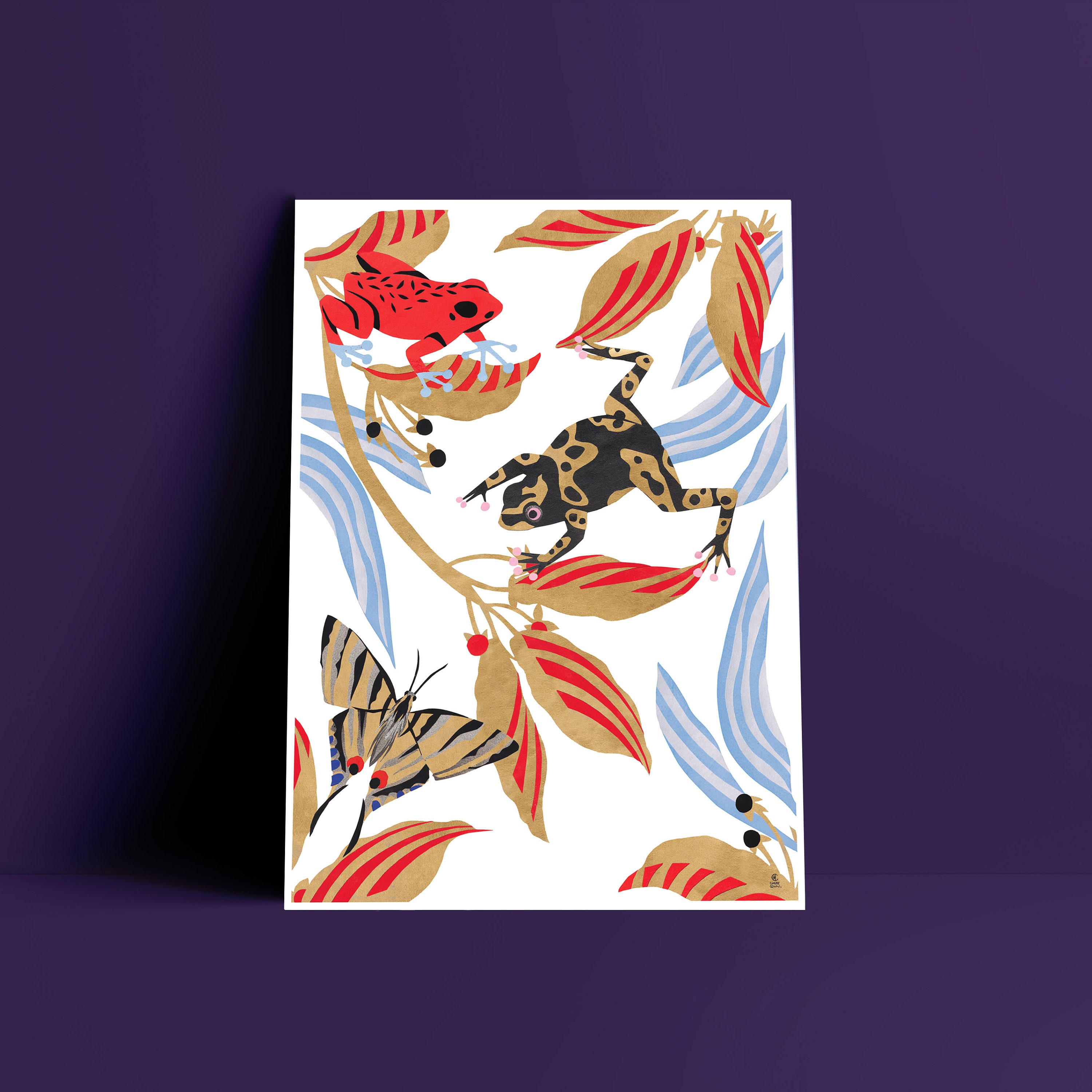 Affiche Grenouille et Papillons Poster Nature Rouge Or Illustration Feuilles