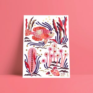 ILLUSTRATION Fishes and seashells Corals GOLD yellow and red under the sea