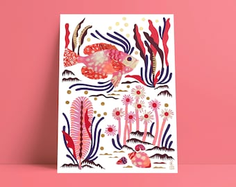 ILLUSTRATION Fishes and seashells Corals GOLD yellow and red under the sea
