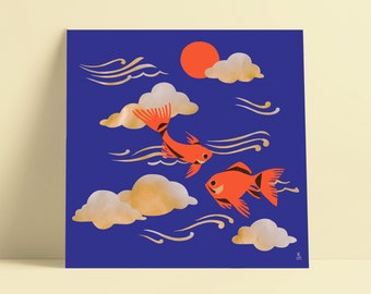 FISH blue, gold and Red illustration wallart artprint