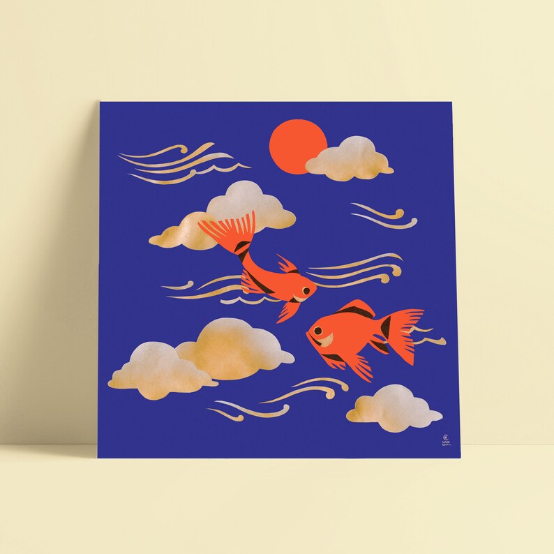 FISH blue, gold and Red illustration wallart artprint image 1