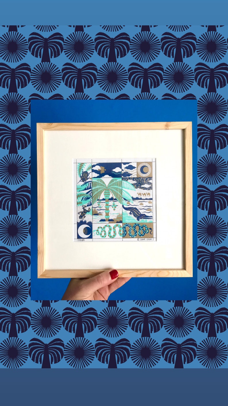 OASIS palmtree crocodile illustration stamps blue and gold positive vibes image 3