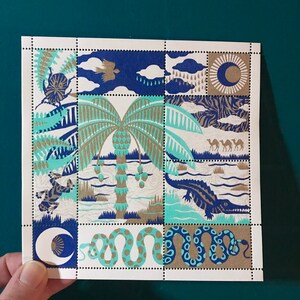 OASIS palmtree crocodile illustration stamps blue and gold positive vibes image 5