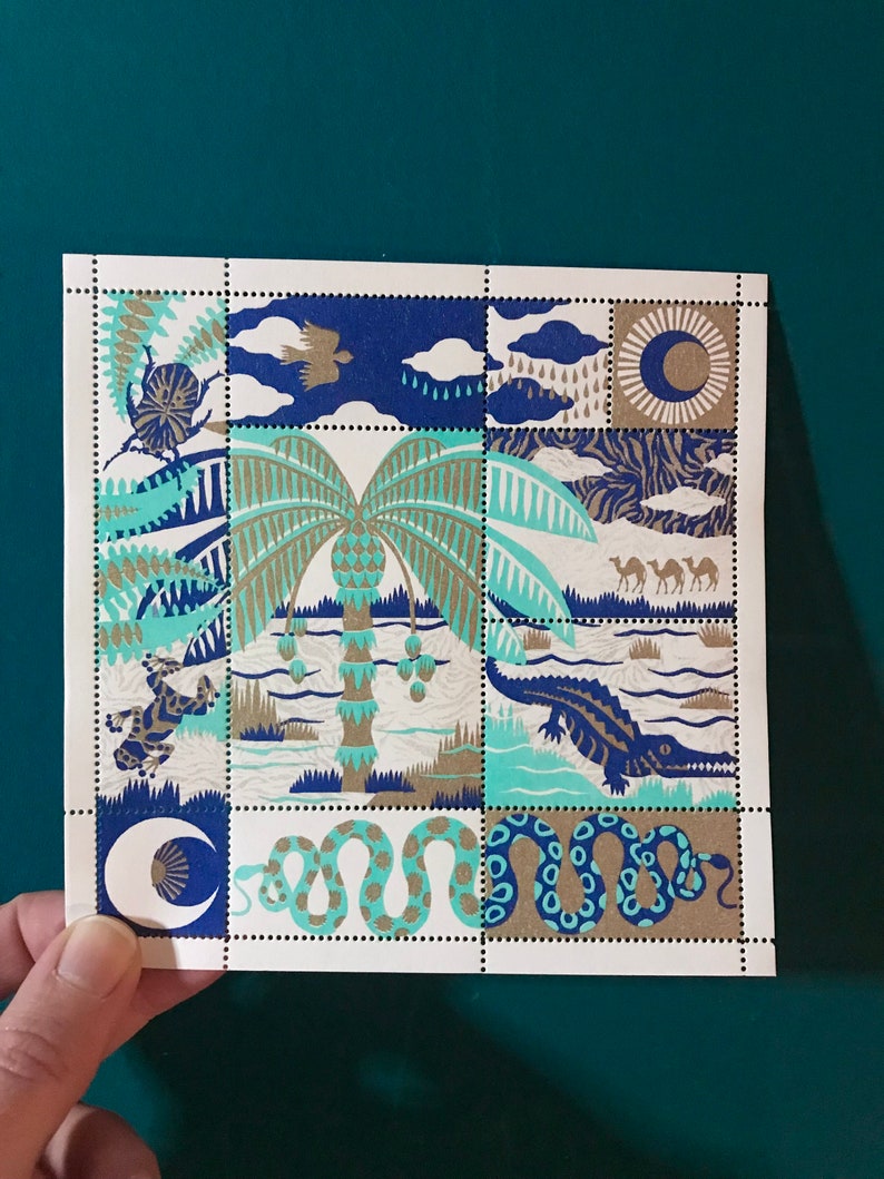 OASIS palmtree crocodile illustration stamps blue and gold positive vibes image 5